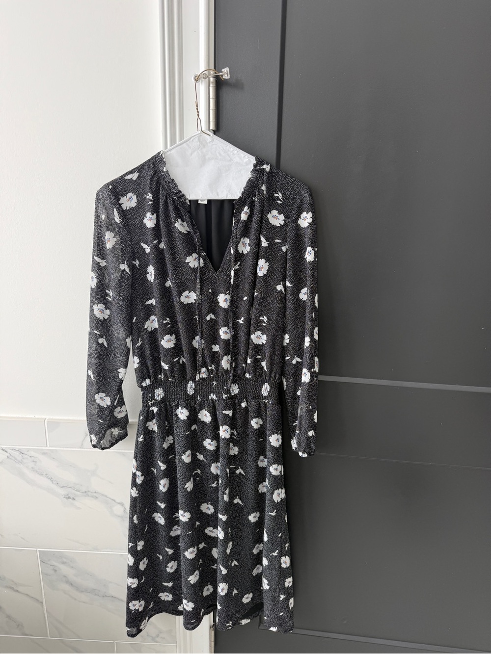 J. Crew Black and White Floral Long-Sleeve V-Neck Dress